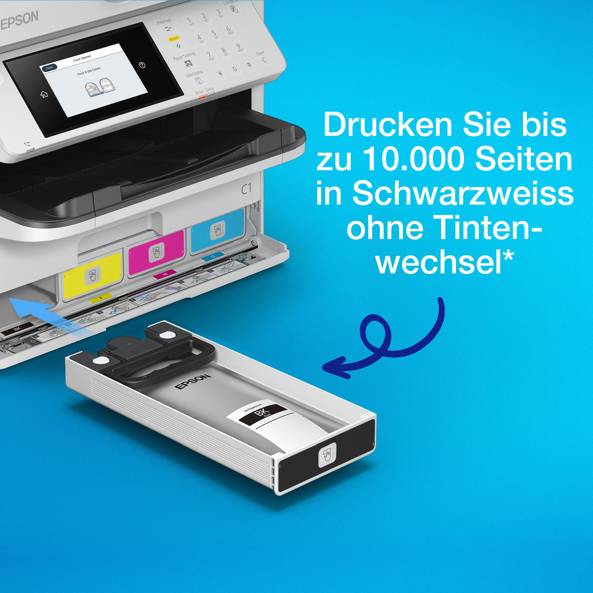 Epson-Drucker, bei dem eine schwarze Tintenpatrone ausgetauscht wird. Der Hintergrund ist blau und weiß.