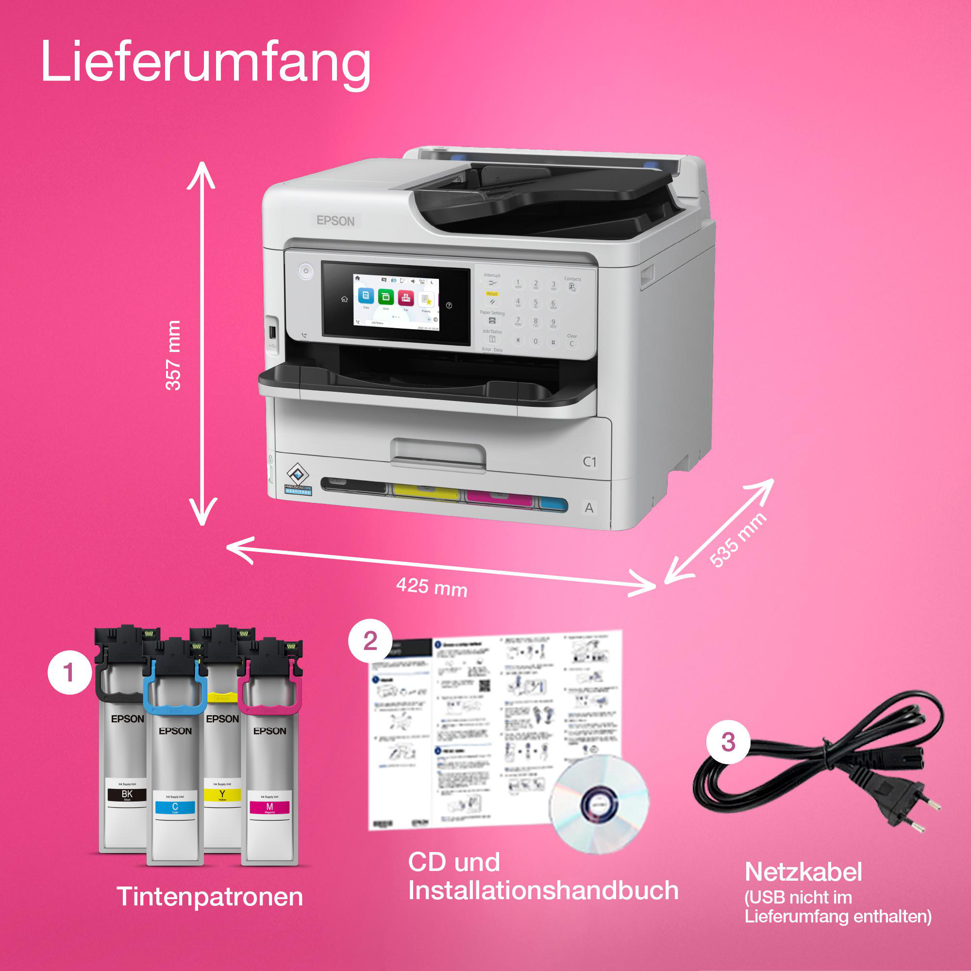 Epson-Drucker mit Tintenpatronen und Zubehör auf weißem Hintergrund, mit Abmessungen.