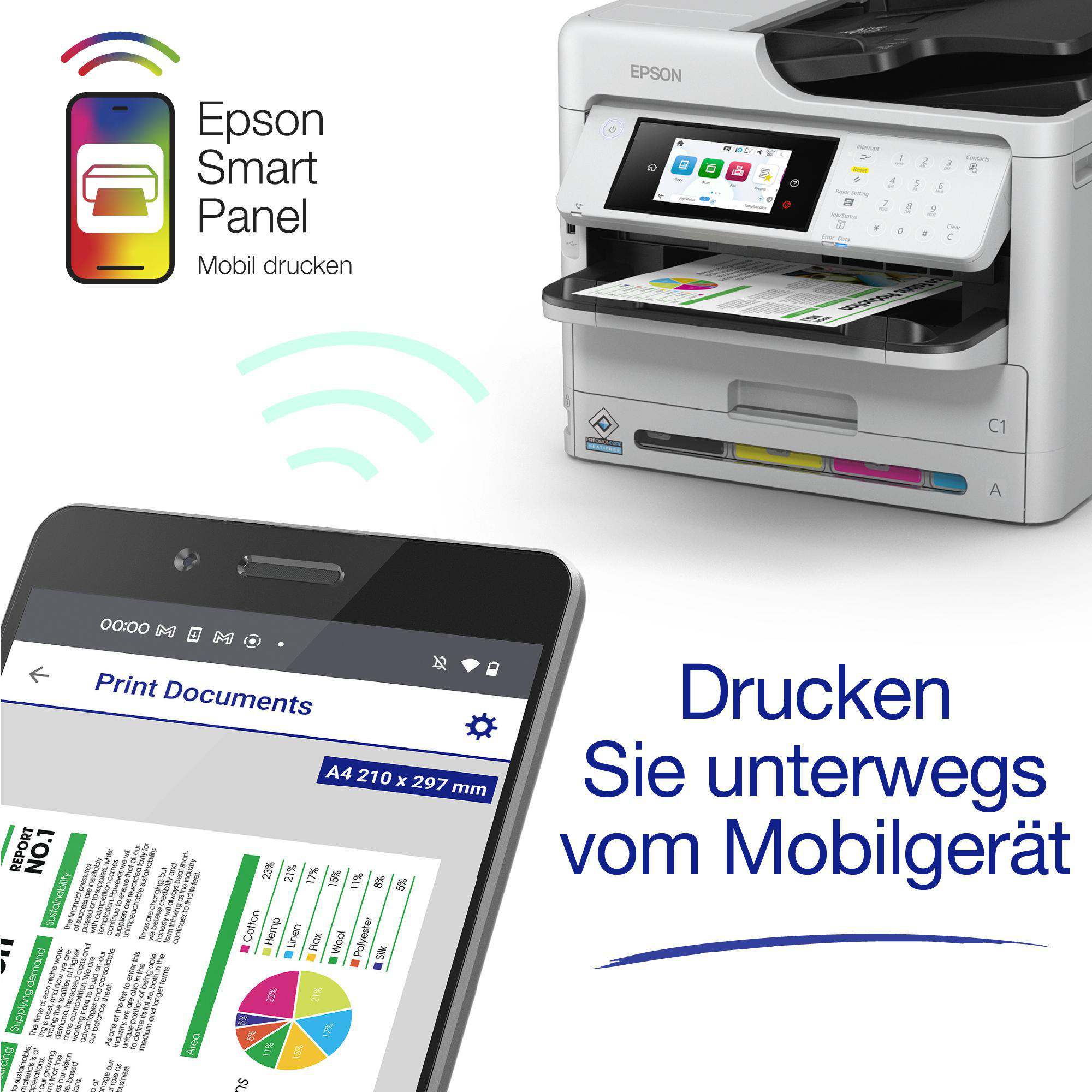 Epson Drucker druckt von Smartphone. Telefon, Drucker und ein Schreibtisch.
