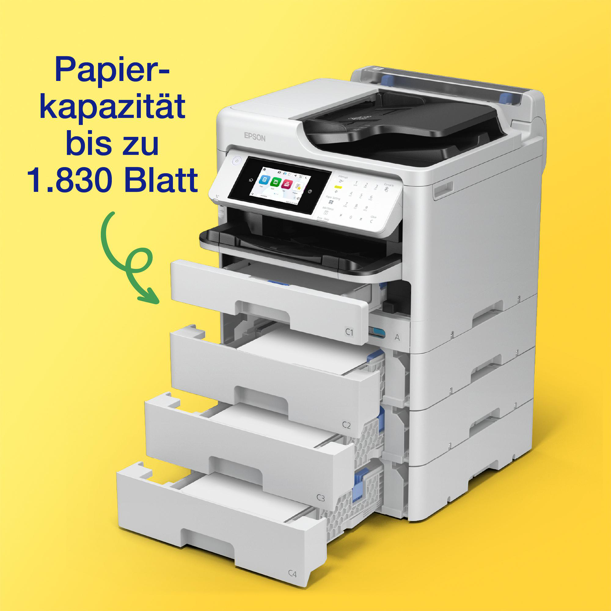 Epson-Drucker mit mehreren Papierfächern. Text zeigt Papierkapazität bis zu 1.830 Blatt. Gelber Hintergrund.