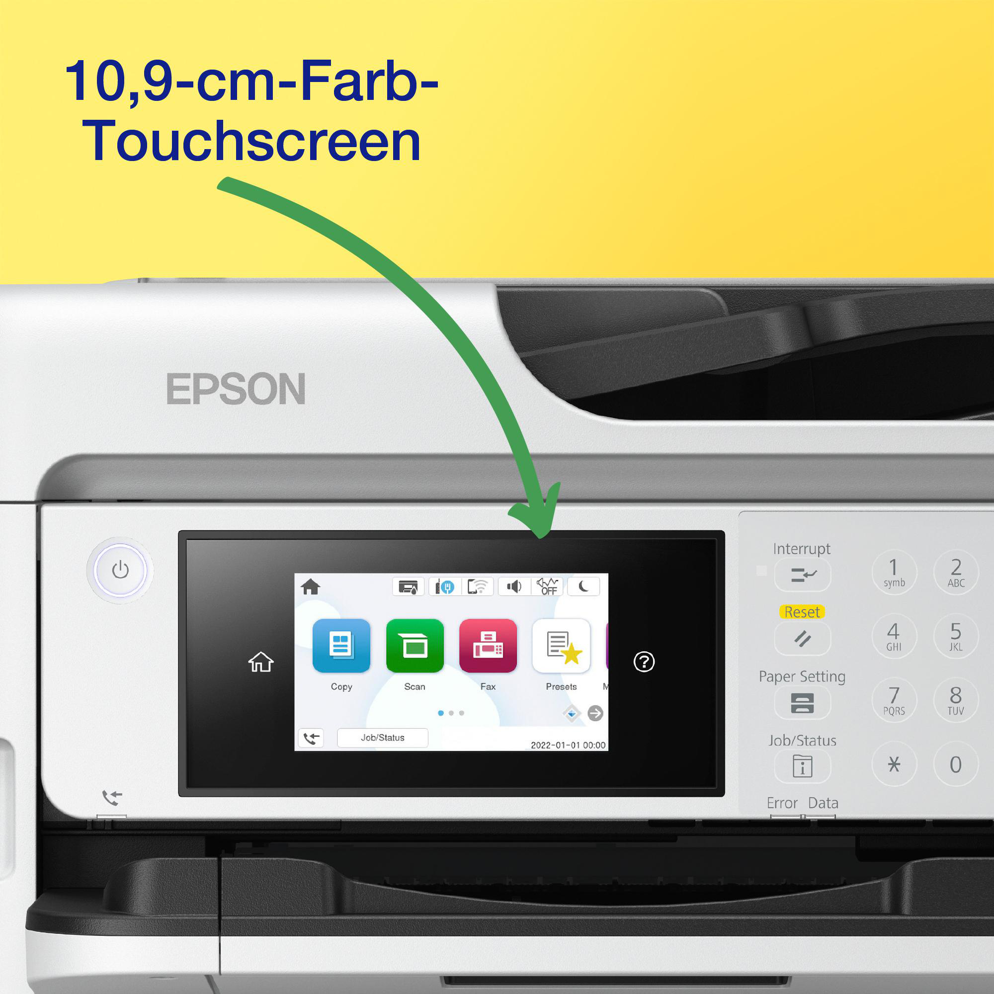 Ein Drucker mit Touchscreen, der verschiedene Symbole zeigt, mit deutschem Text.