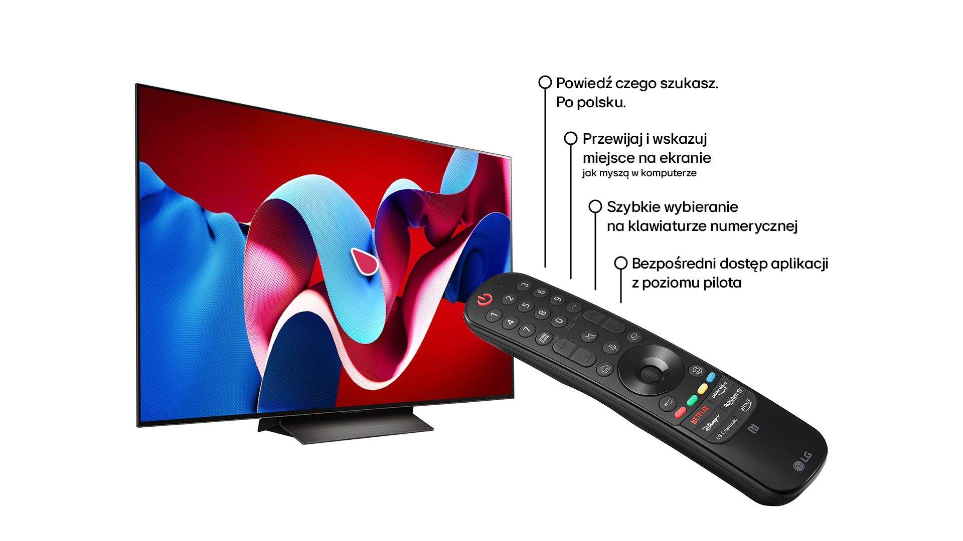 Telewizor LG z pilotem i tekstem. Tekst w języku polskim. Białe tło.