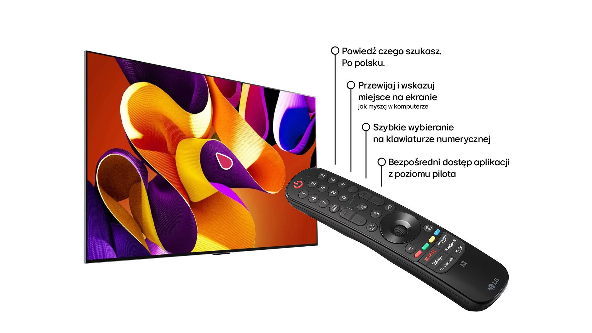 Telewizor LG z pilotem. Interfejs pokazuje opcje nawigacji w menu.