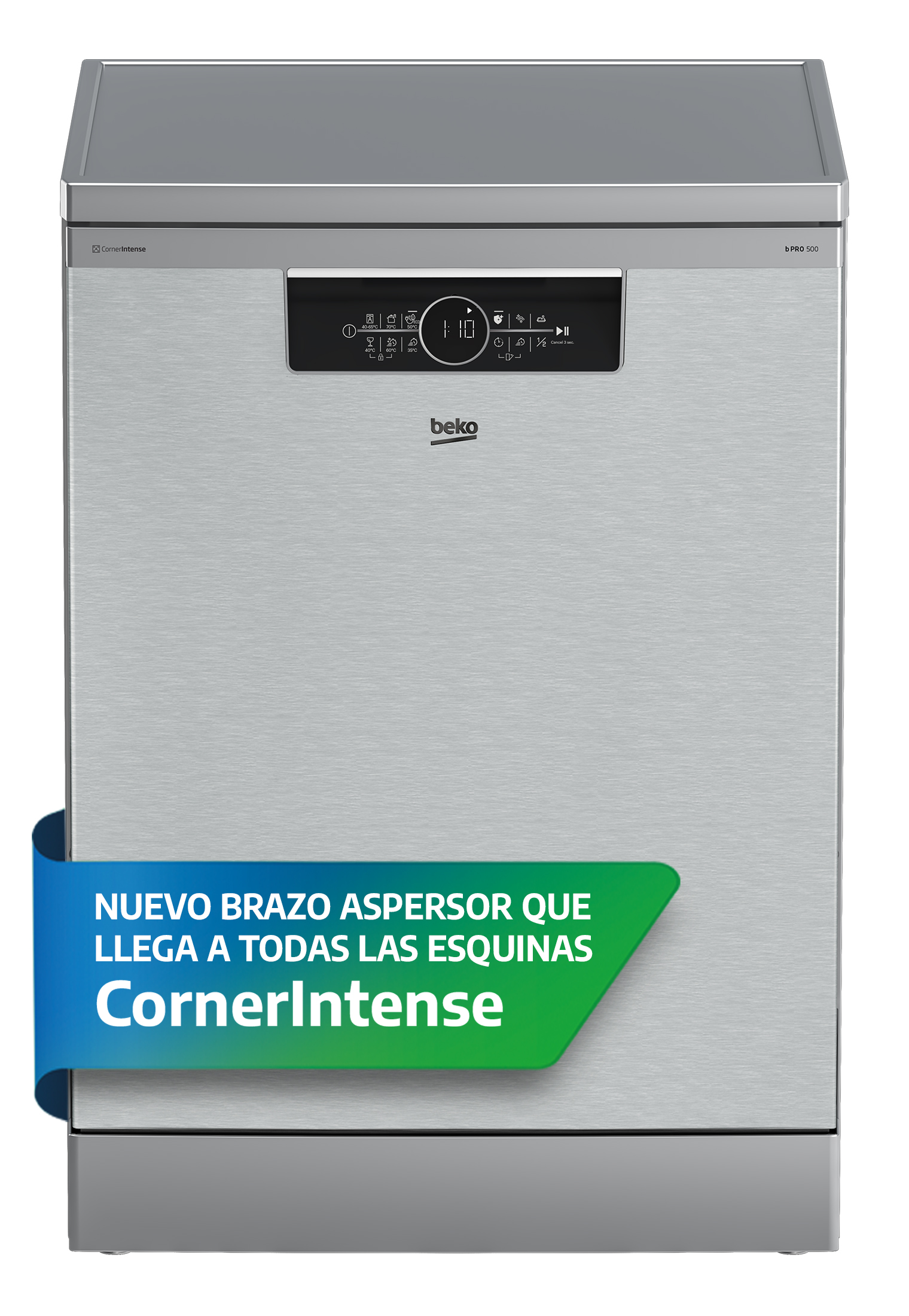 Un lavavajillas Beko plateado con una pancarta CornerIntense.