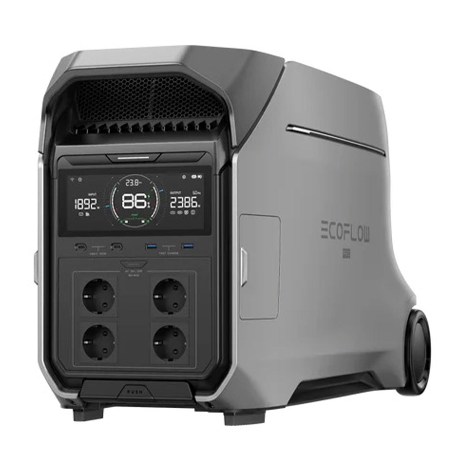 Centrale elettrica Ecoflow. Grigia con display digitale e prese. Sfondo bianco.