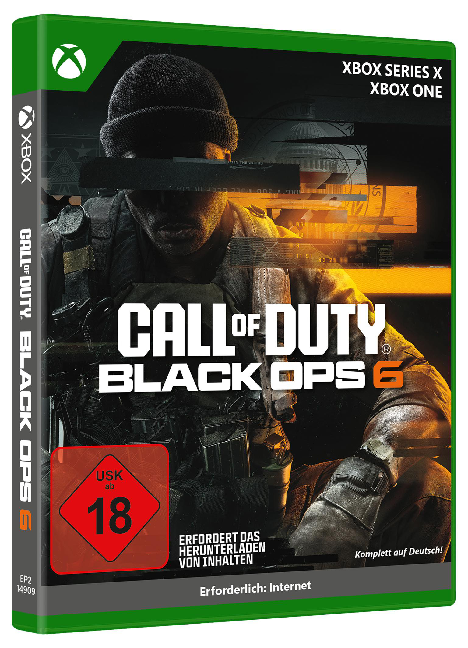 Call of Duty: Black Ops 6 Spielbox. Das Cover zeigt einen Soldaten in einer dunklen Umgebung.