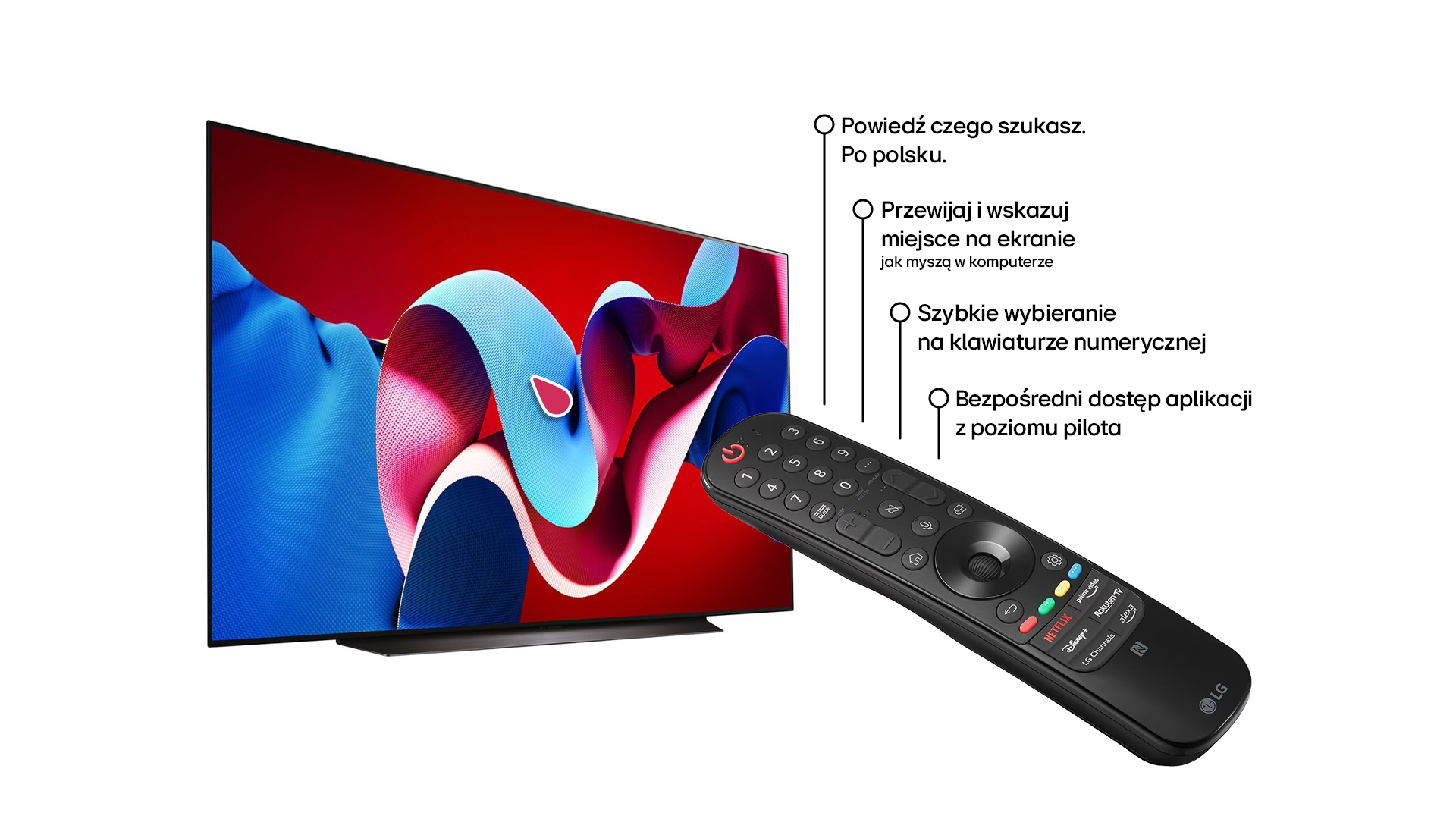 Czarny pilot wskazujący na telewizor wyświetlający kolorowy abstrakcyjny obraz.