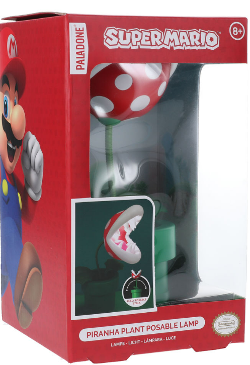 Super Mario Piranha-Pflanzenlampe in einer Box mit Mario-Figur.