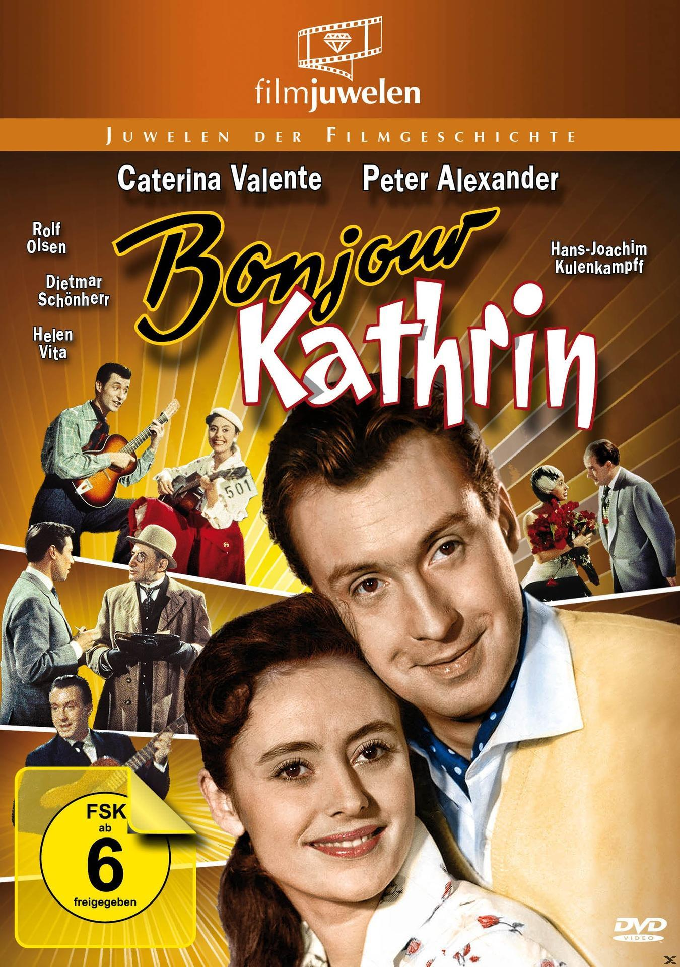Filmposter für 'Bonjour Kathrin'. Mit Schauspielern, dem Titel und einem gelb-braunen Design.