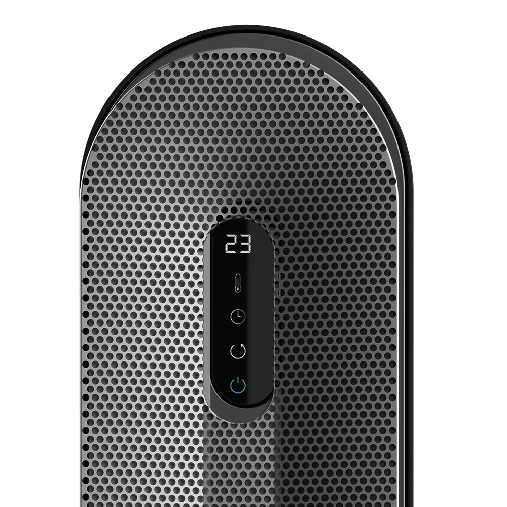 Un calefactor perforado negro y plateado con una pantalla iluminada.