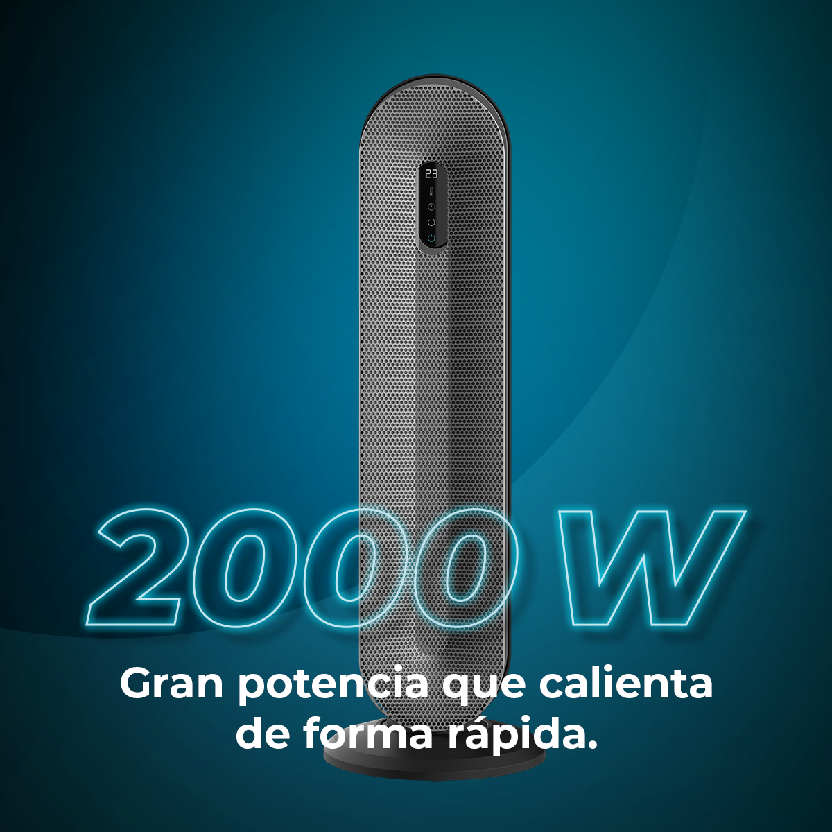 Un calentador negro y alto con pantalla y texto '2000 W'. El fondo es azul oscuro.