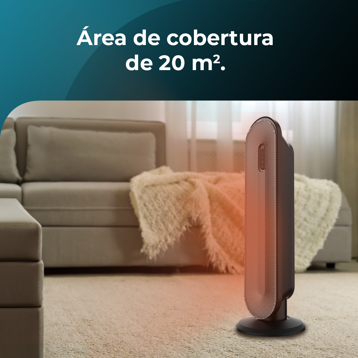 Un calefactor negro está frente a un sofá y una alfombra beiges, con texto sobre el área de cobertura.