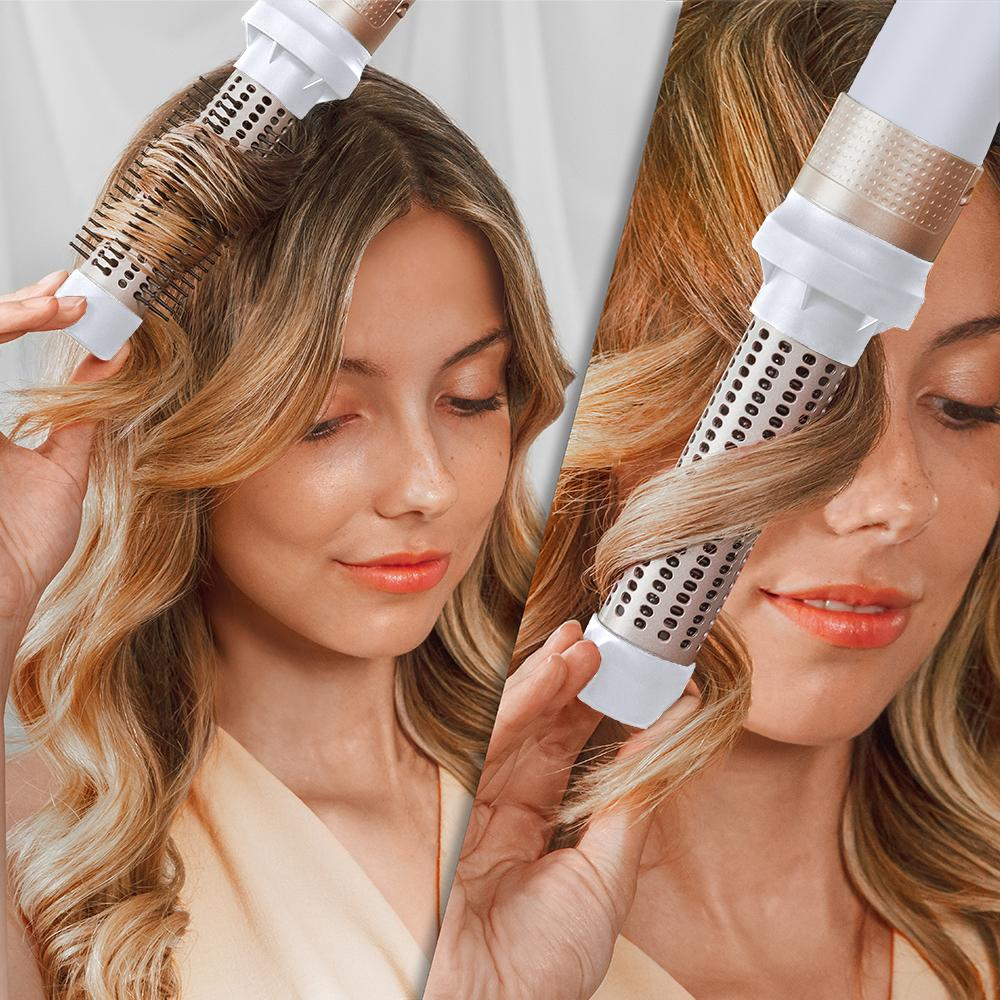 Mujer peinando su cabello con un rizador. Dos vistas que muestran el proceso de rizado.