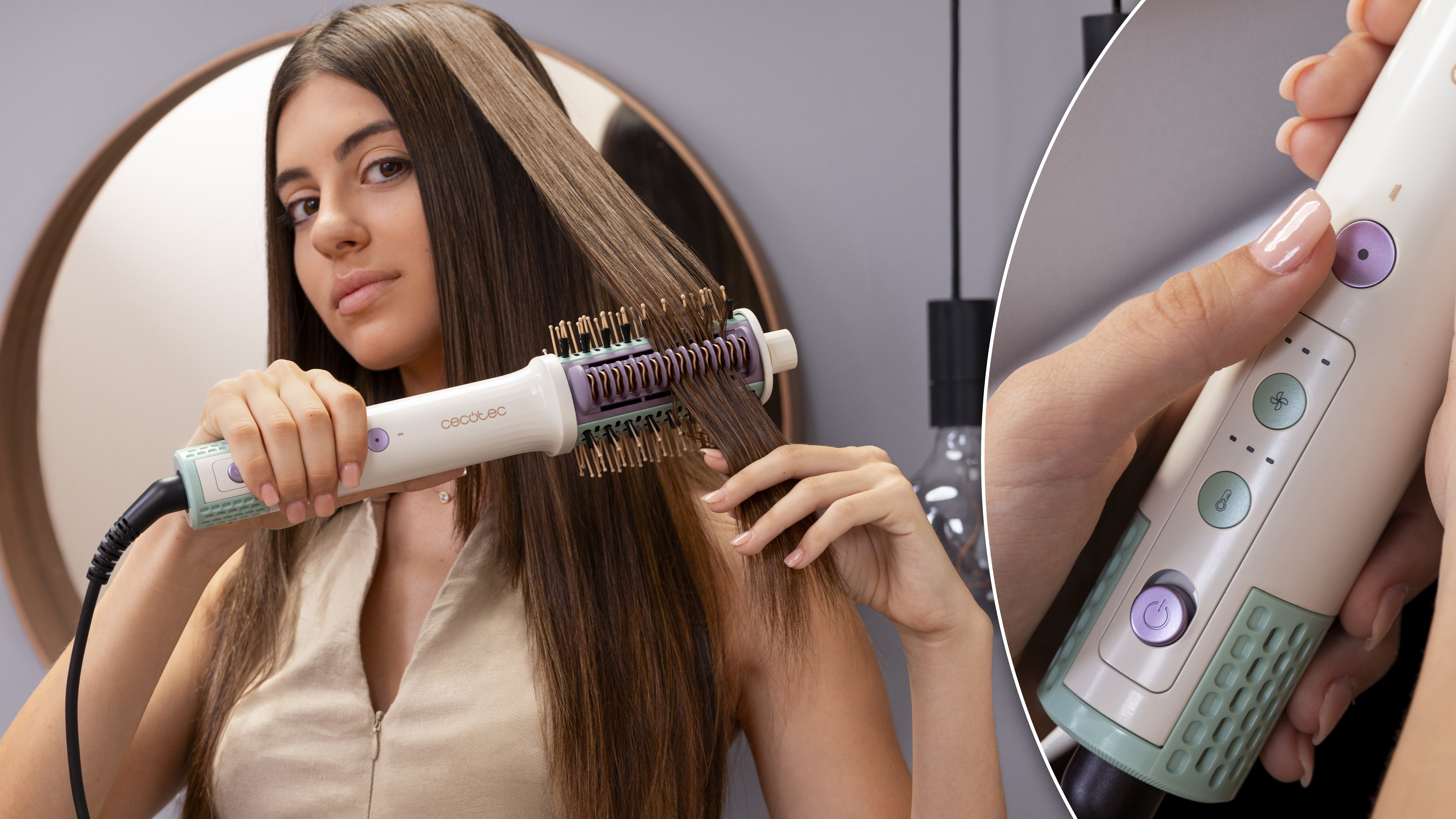 Una mujer peinándose con un moldeador de cabello, un espejo redondo detrás y una luz.