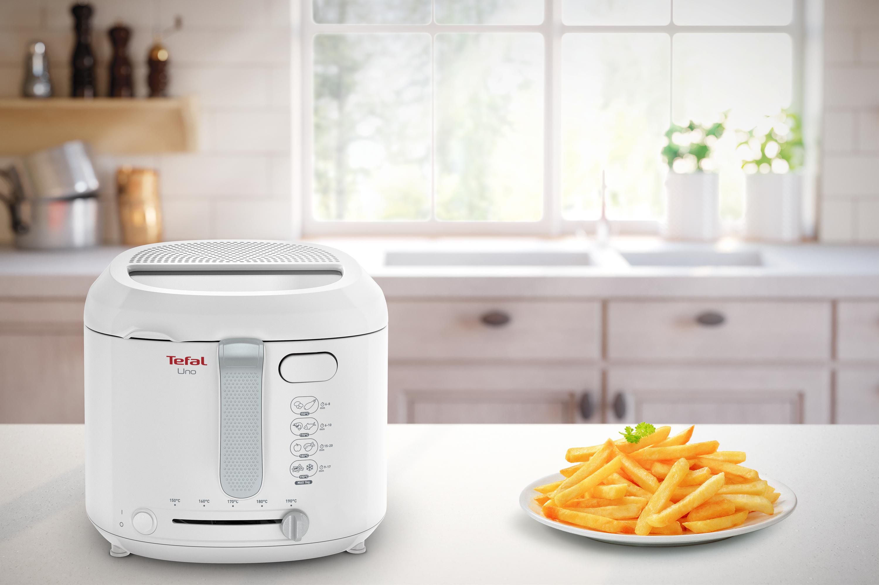 Weißer Frittierer, Pommes-Teller, Küchenumgebung.