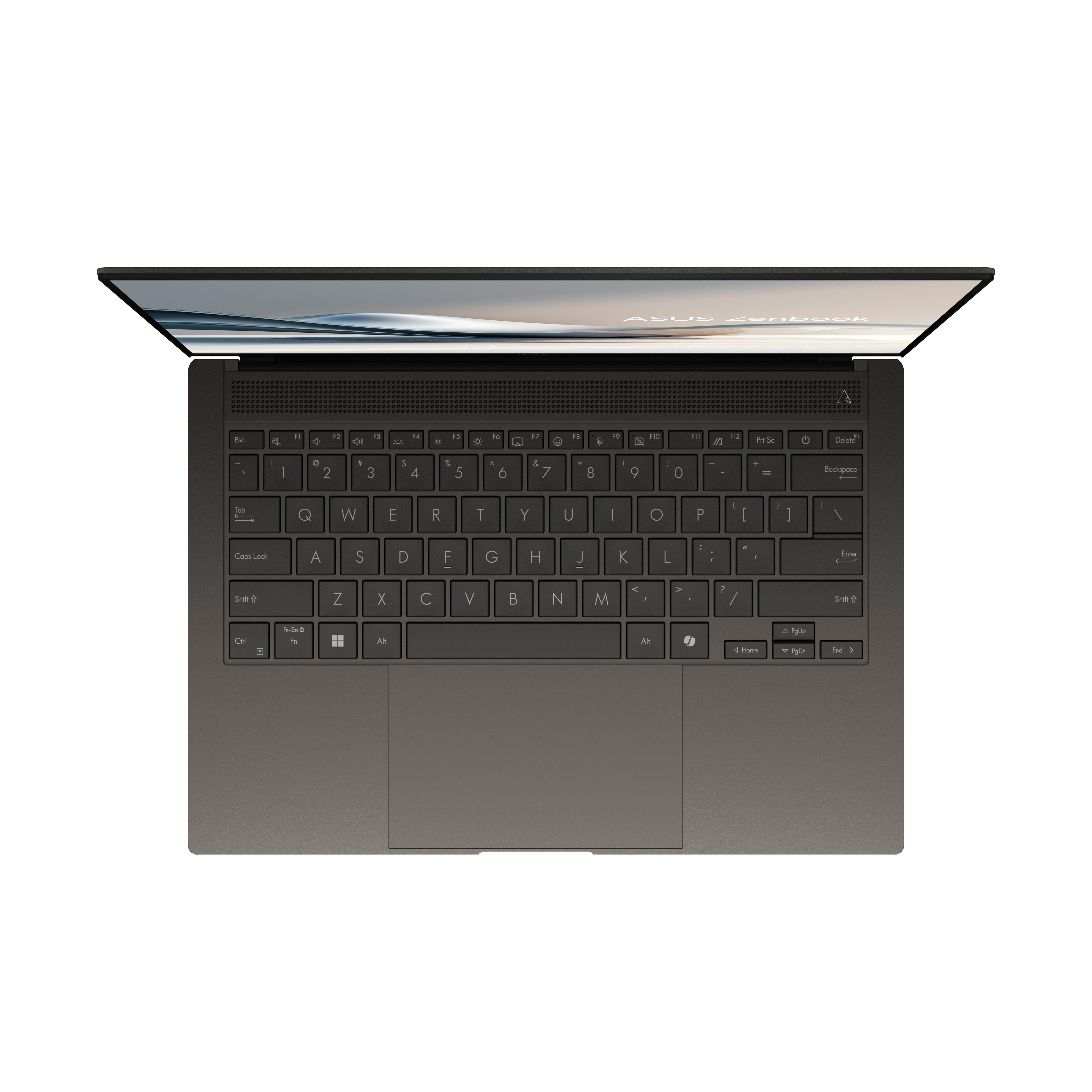Laptop-Computer, Draufsicht, mit Tastatur und Bildschirm, graue Farbe.
