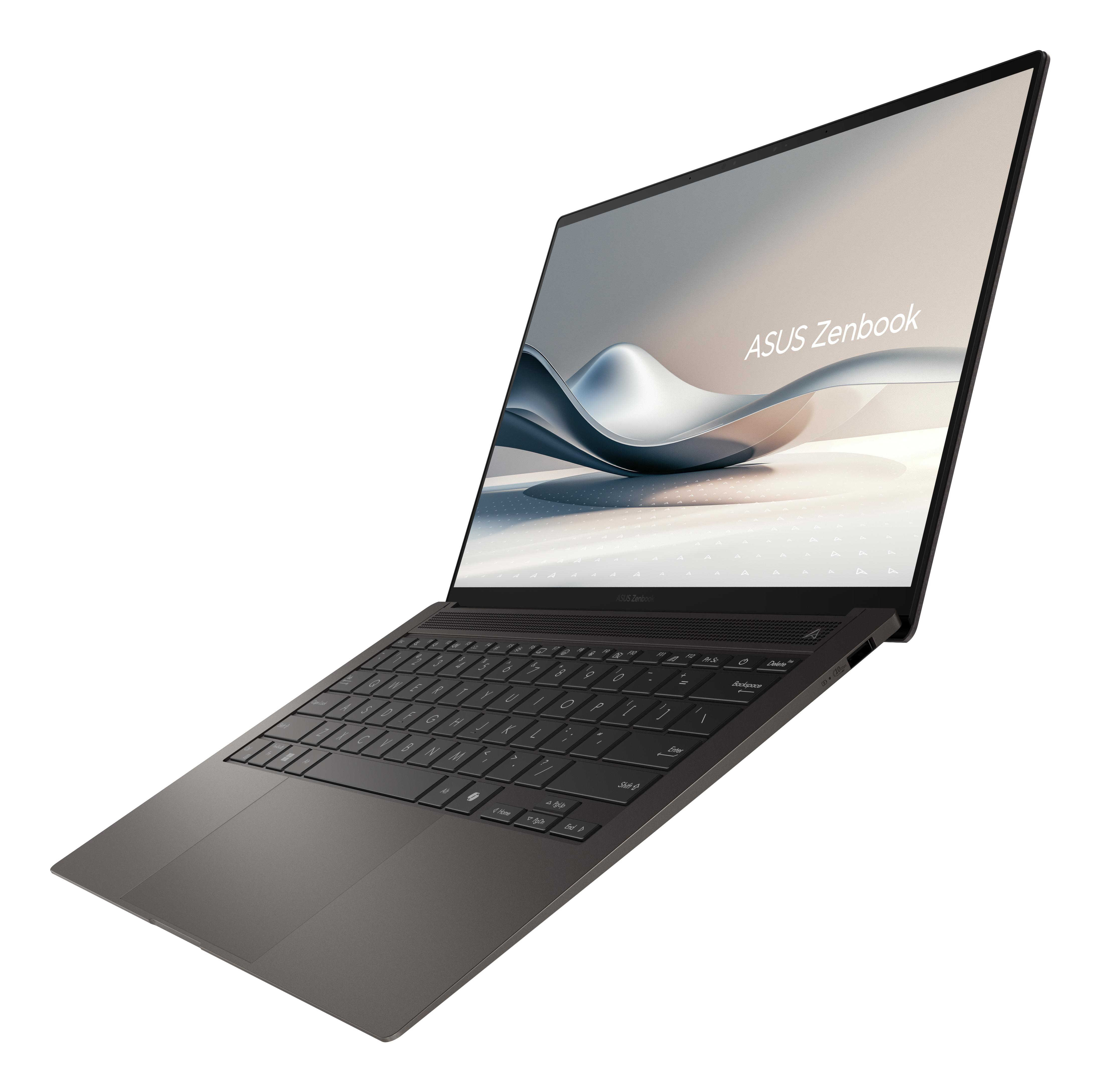 Asus Zenbook Laptop mit offenem Bildschirm und Tastatur.
