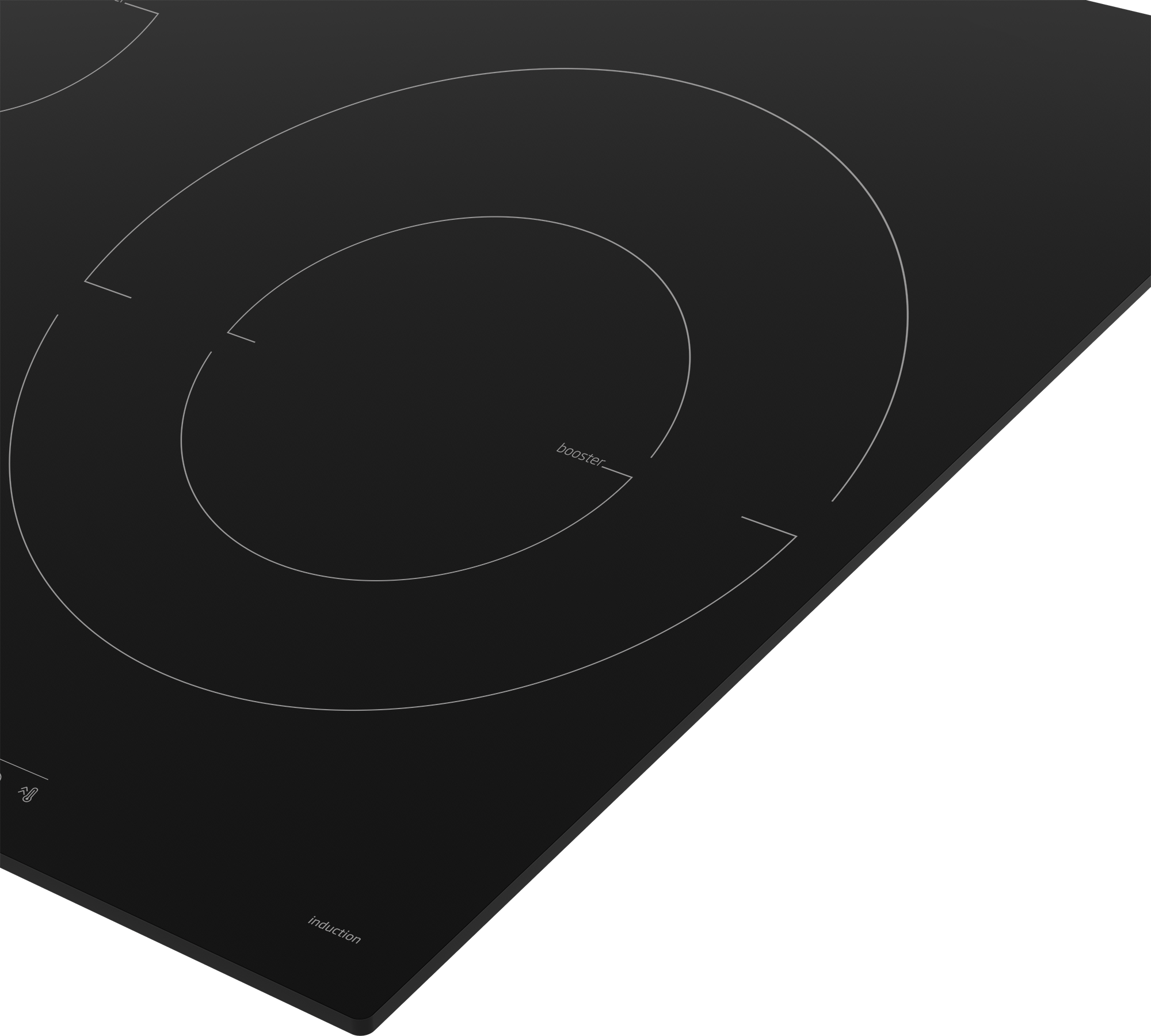 Primer plano de una placa de inducción negra con zonas de calentamiento circulares y refuerzo.