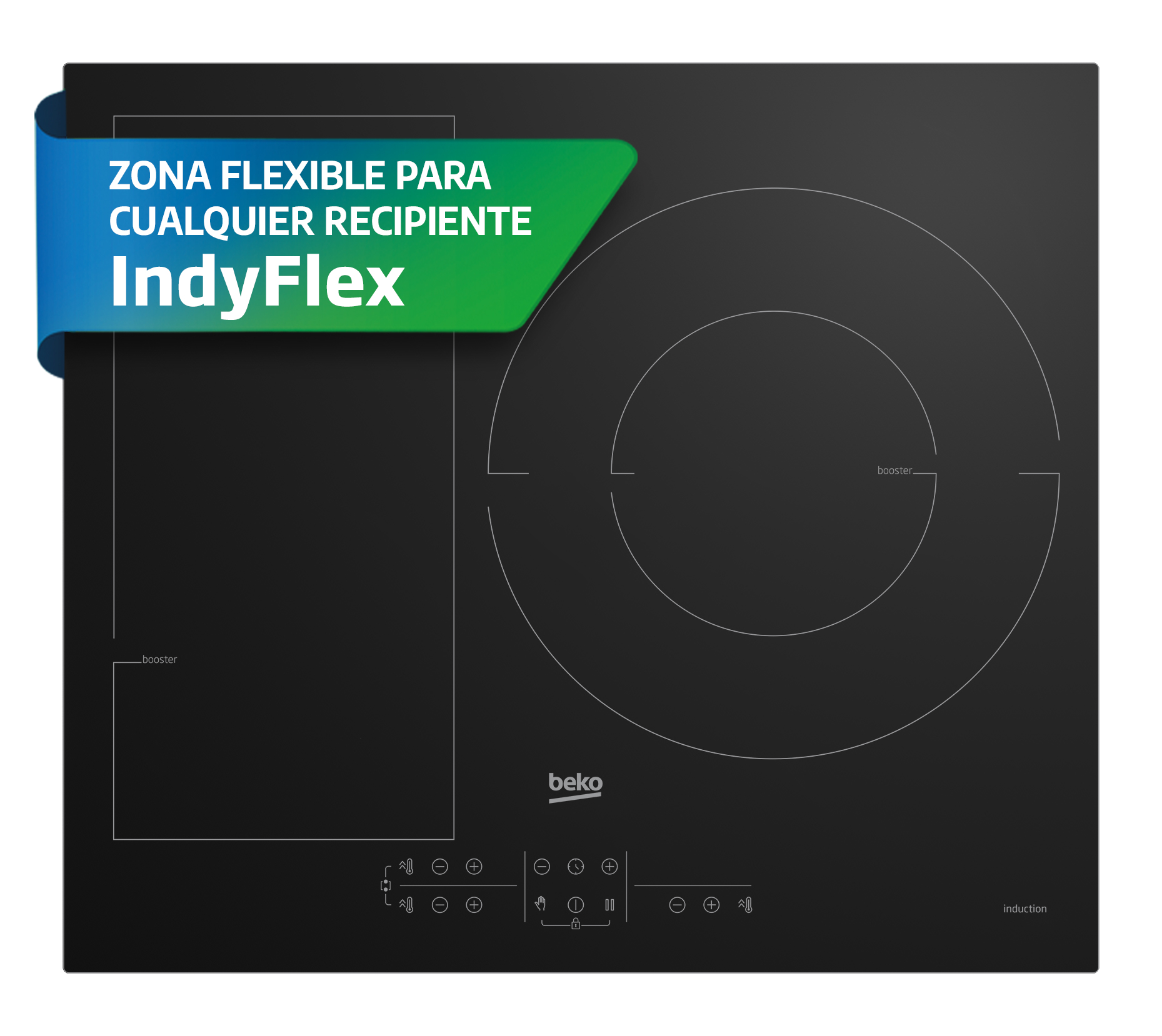 Una placa de inducción negra con una etiqueta 'IndyFlex' y botones de control sobre fondo blanco.