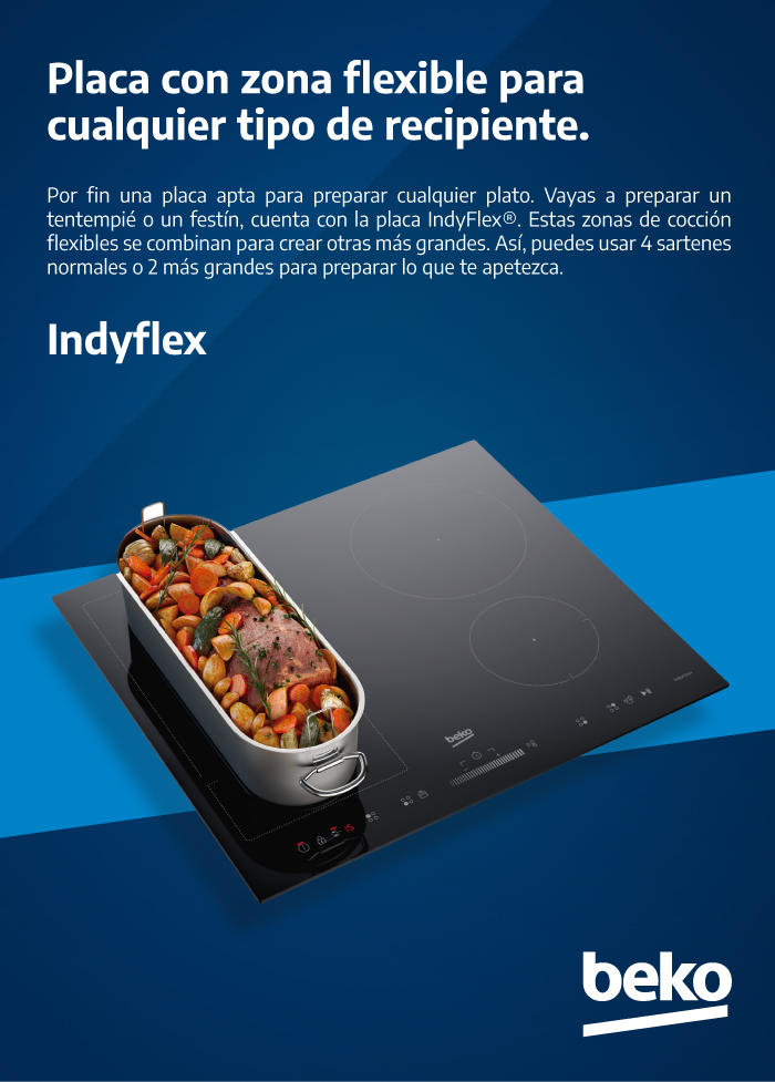 Una placa de inducción negra con una olla de comida encima. Texto: 'Placa con zona flexible para cualquier tipo de recipiente'.
