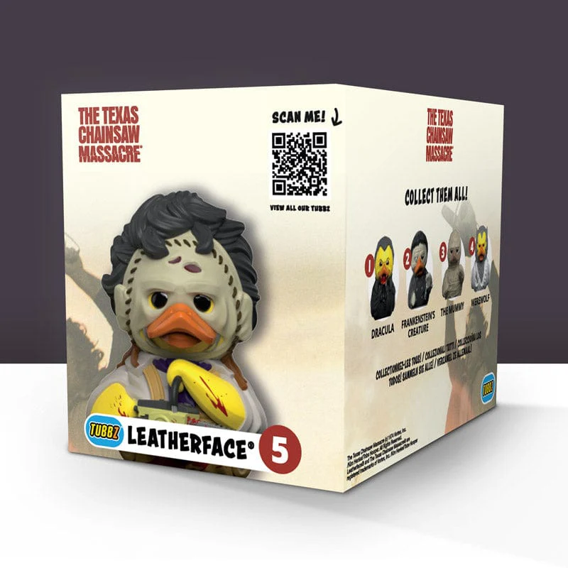 Leatherface Tubbz kacsafigura egy dobozban, a filmkarakterekkel az oldalán.