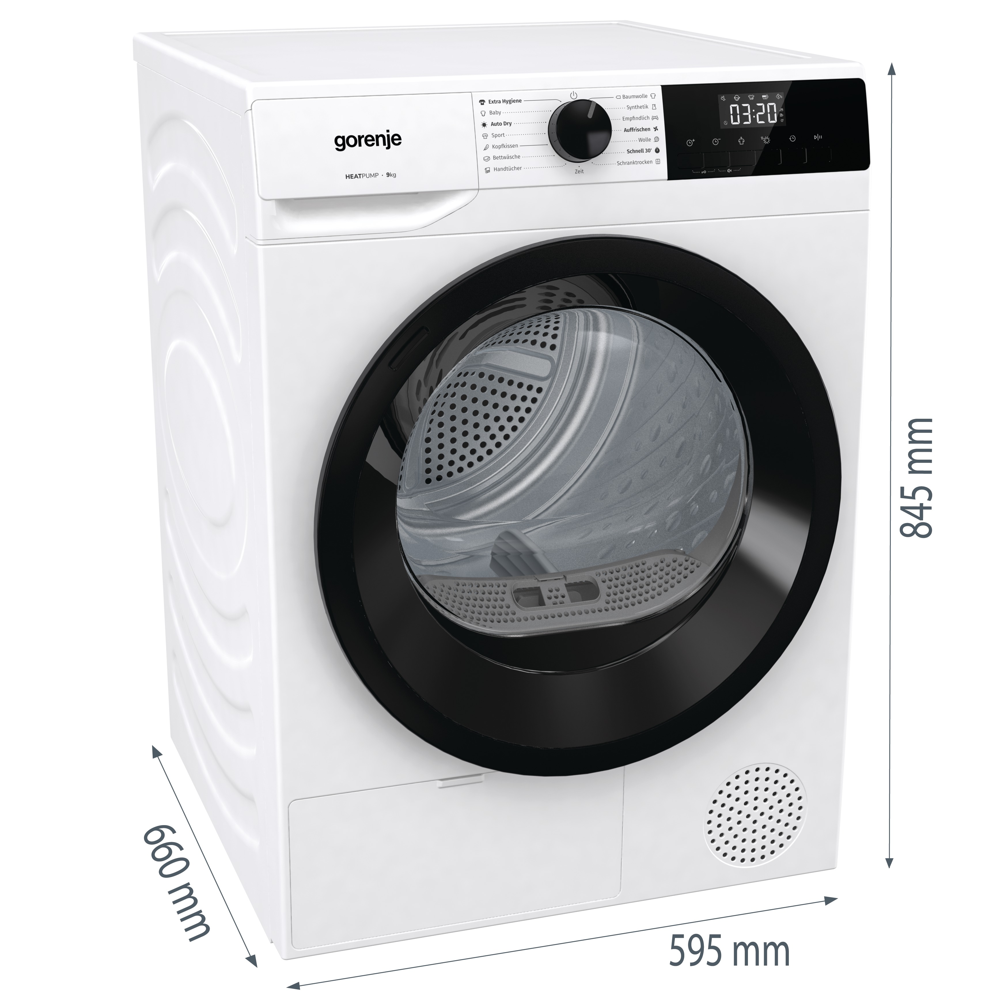 Weiße Waschmaschine mit angezeigten Abmessungen. Sie hat eine schwarze Tür und Bedienelemente oben.