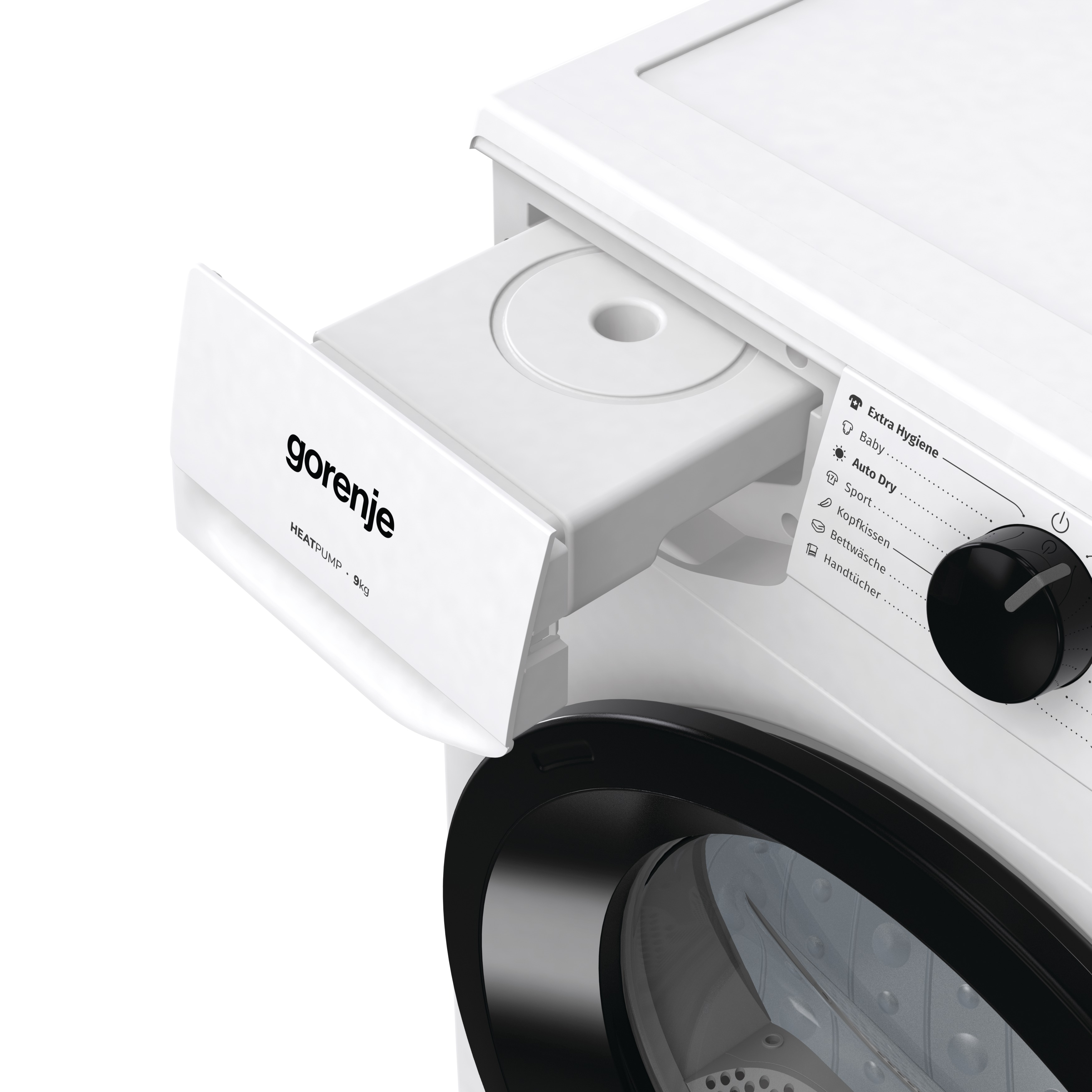 Nahaufnahme der Waschmittelschublade einer weißen Waschmaschine, herausgezogen. Gorenje-Logo sichtbar.