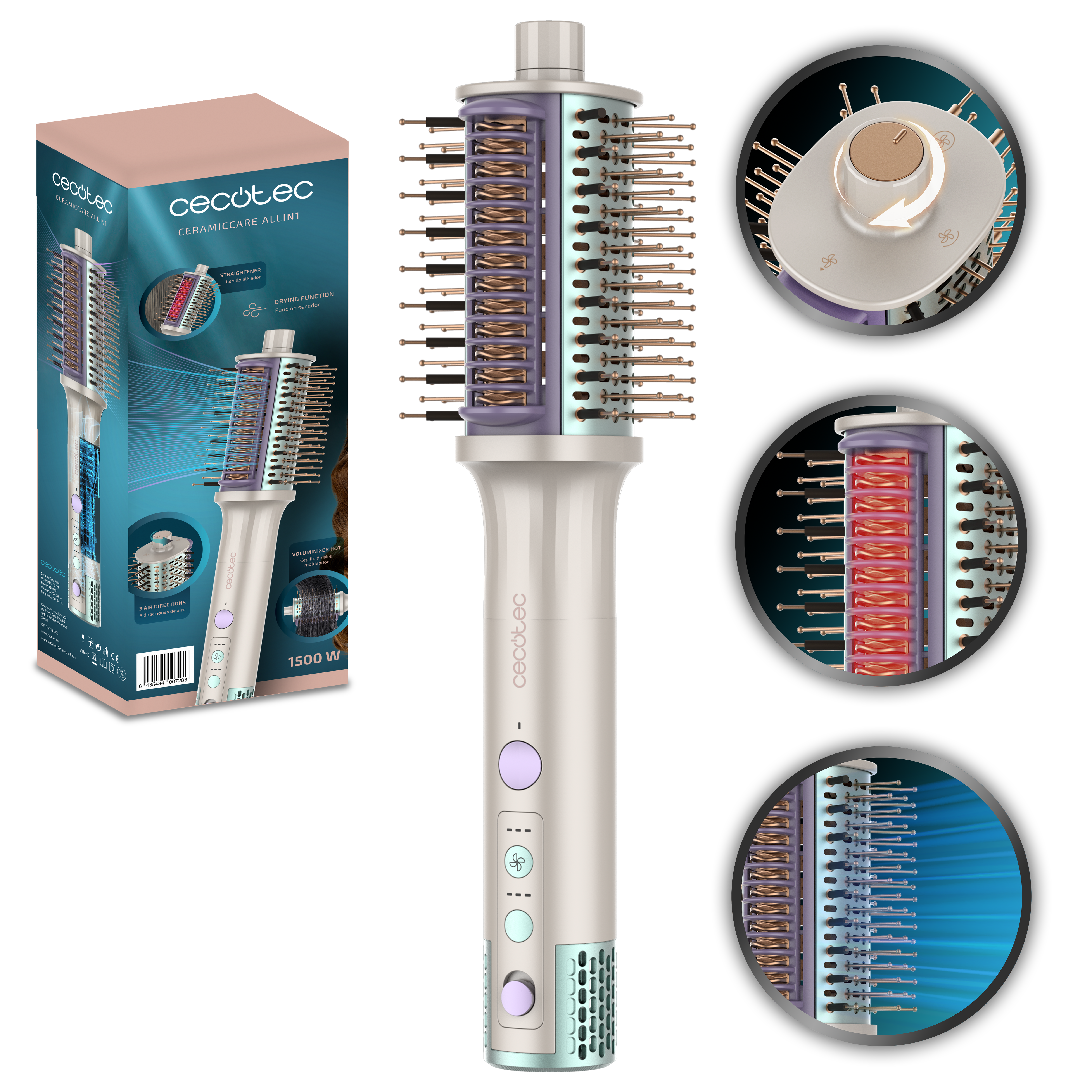 Cecotec moldeador de pelo, con caja y vistas detalladas de los componentes internos.