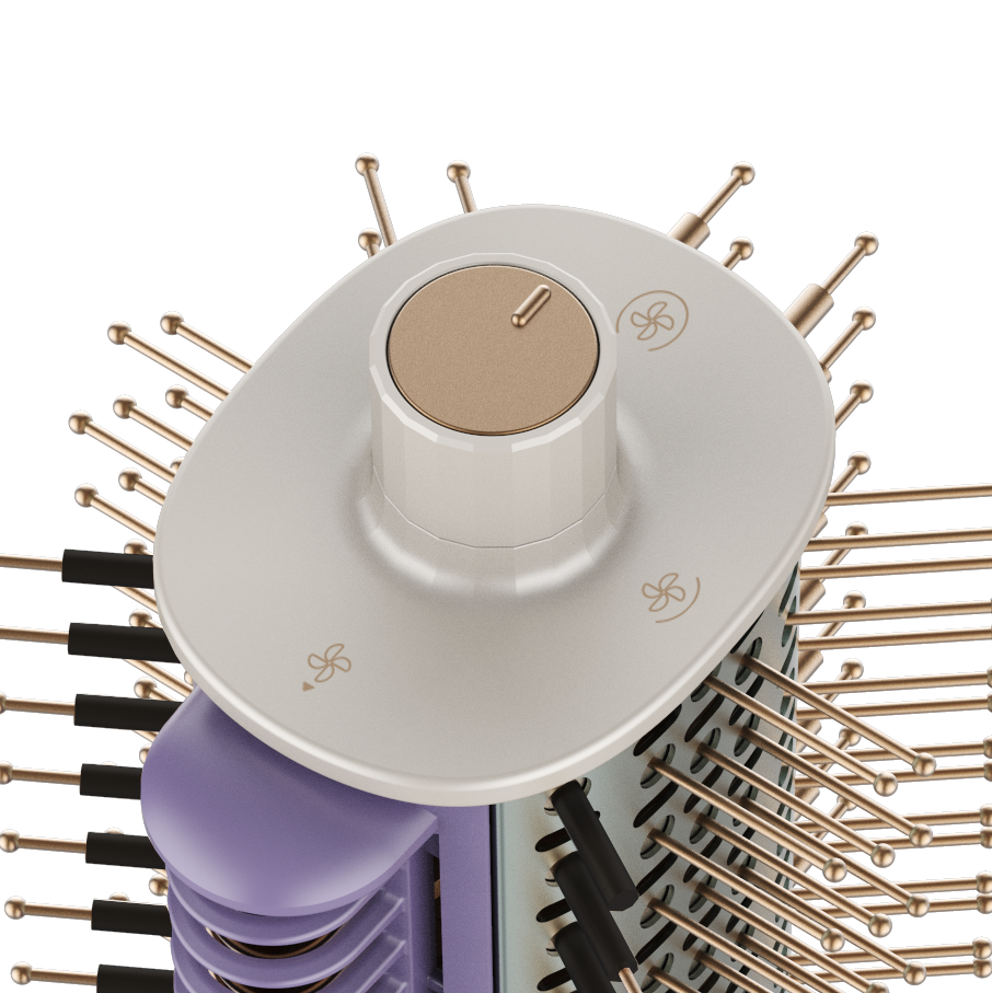 Primer plano de un cepillo secador de pelo con dial y ventilaciones en una superficie blanca.