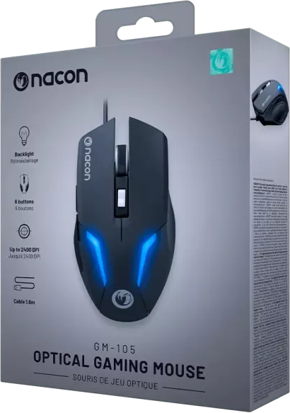Egy Nacon gaming egér a dobozában, ami az egeret és annak funkcióit mutatja.