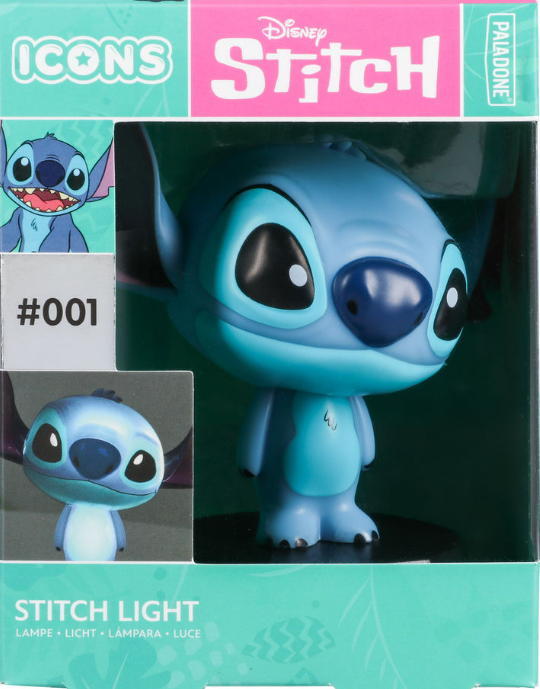 Stitch-Lichtfigur in einer Box. Die Box hat ein Bild von Stitch und den Text '#001'.