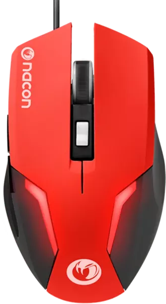 Piros-fekete gamer egér, 'NACON' logóval, fehér háttéren.