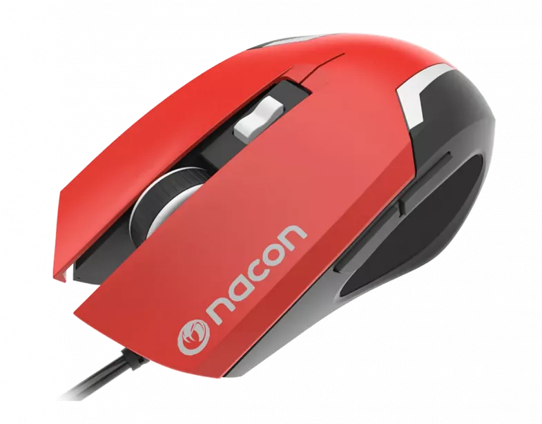 Piros-fekete Nacon gamer egér, felülről nézve, fekete háttér előtt.