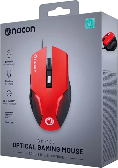 Piros-fekete gamer egér Nacon és GM-105 feliratú dobozban.
