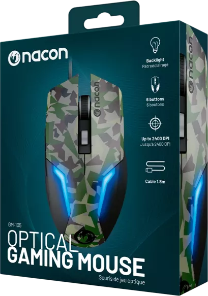 Nacon GM-105 optikai gaming egér, álcázó design, kék fények.