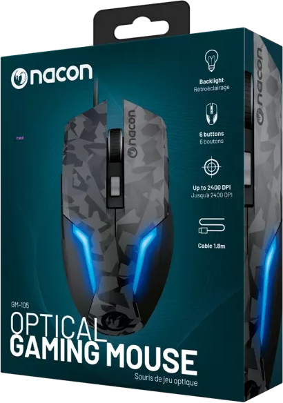 Egy nyitott doboz Nacon GM-105 optikai gamer egérrel, kék fényekkel.