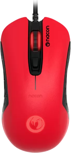 Piros Nacon gaming egér. Gombokkal és görgetőkerékkel rendelkezik. A Nacon rá van nyomtatva.