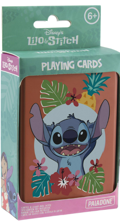 Lilo & Stitch Spielkartenbox. Mit Stitch-Bild, die Box ist grün und orange.