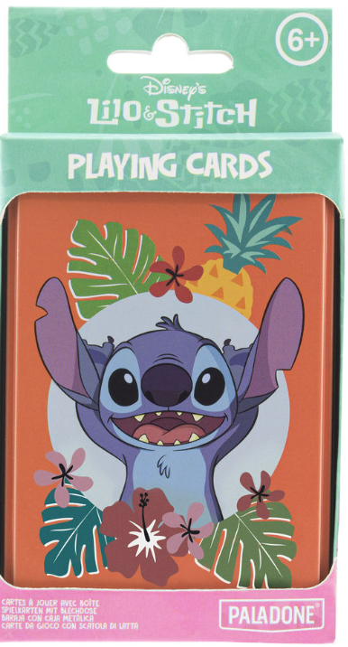 Schachtel mit Lilo & Stitch Spielkarten. Stitch lächelt auf orangefarbenem Hintergrund.