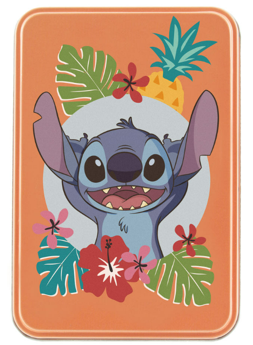 Stitch aus Lilo & Stitch-Cartoon, umgeben von Blumen und Blättern auf Orange.