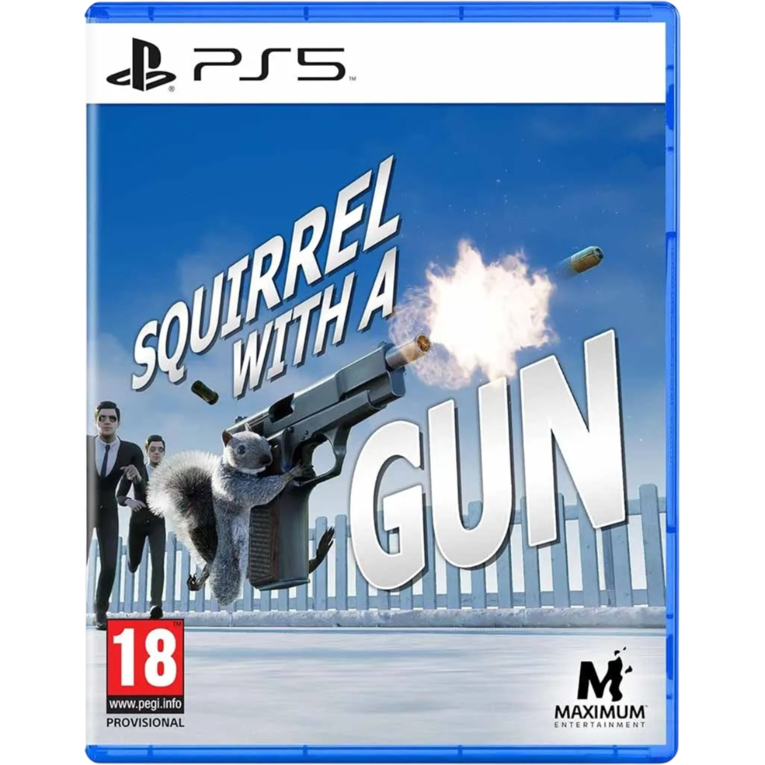PS5 gamebox voor "Squirrel With A Gun". Een eekhoorn met een pistool op een blauwe achtergrond.