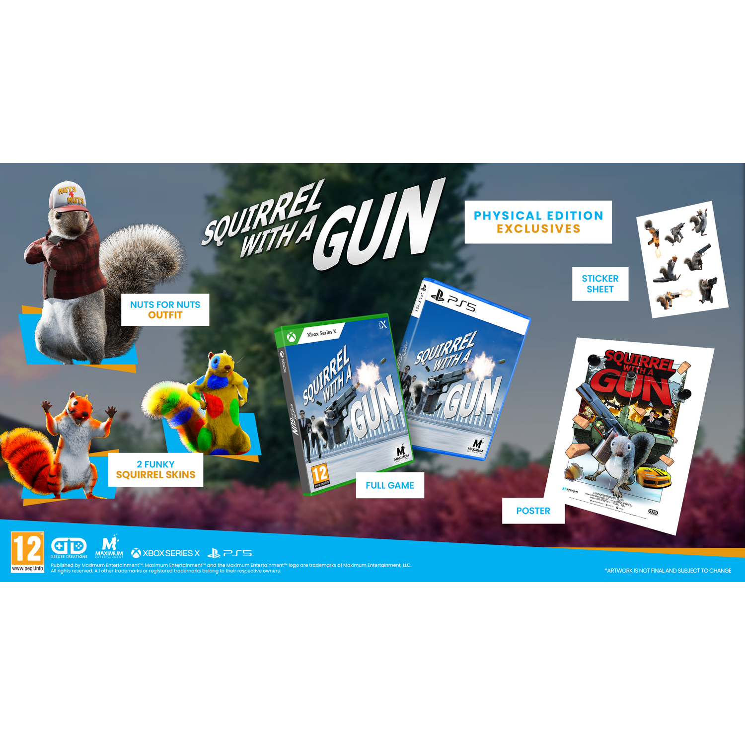 Game box art met een eekhoorn die een geweer vasthoudt, en andere game-gerelateerde items.