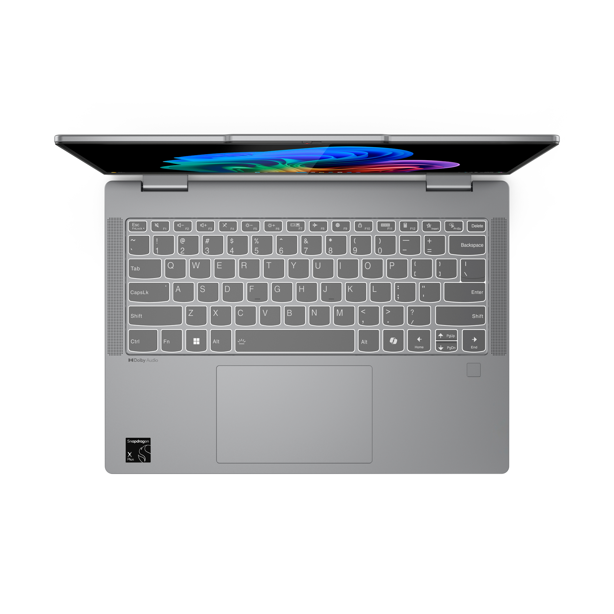 Laptop-Tastatur von oben. Silberner Rahmen, offenes Display mit farbenfrohem Bildschirm.