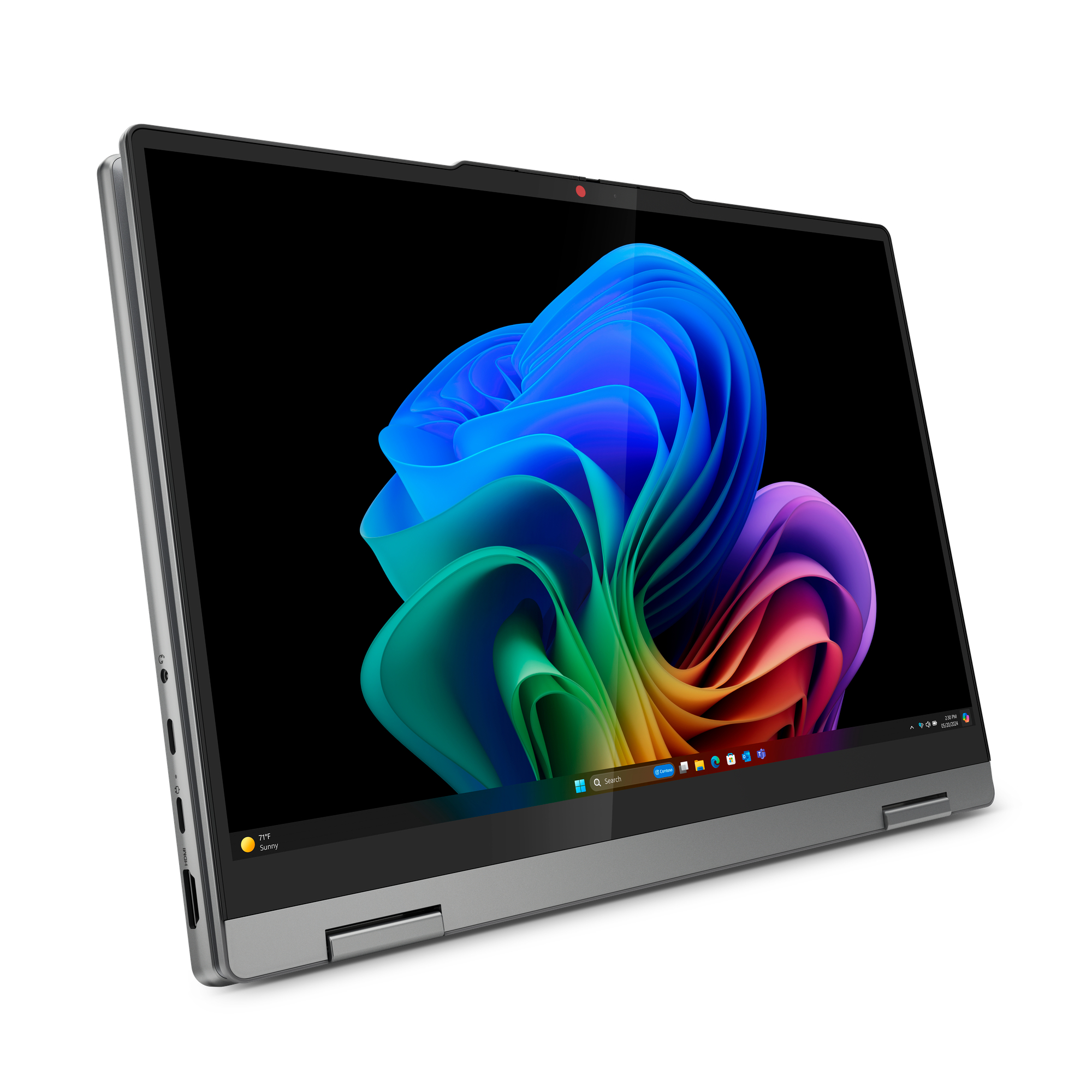 Ein Laptop mit farbenfrohem Bildschirm, schwarzer Tastatur und silbernem Rahmen.