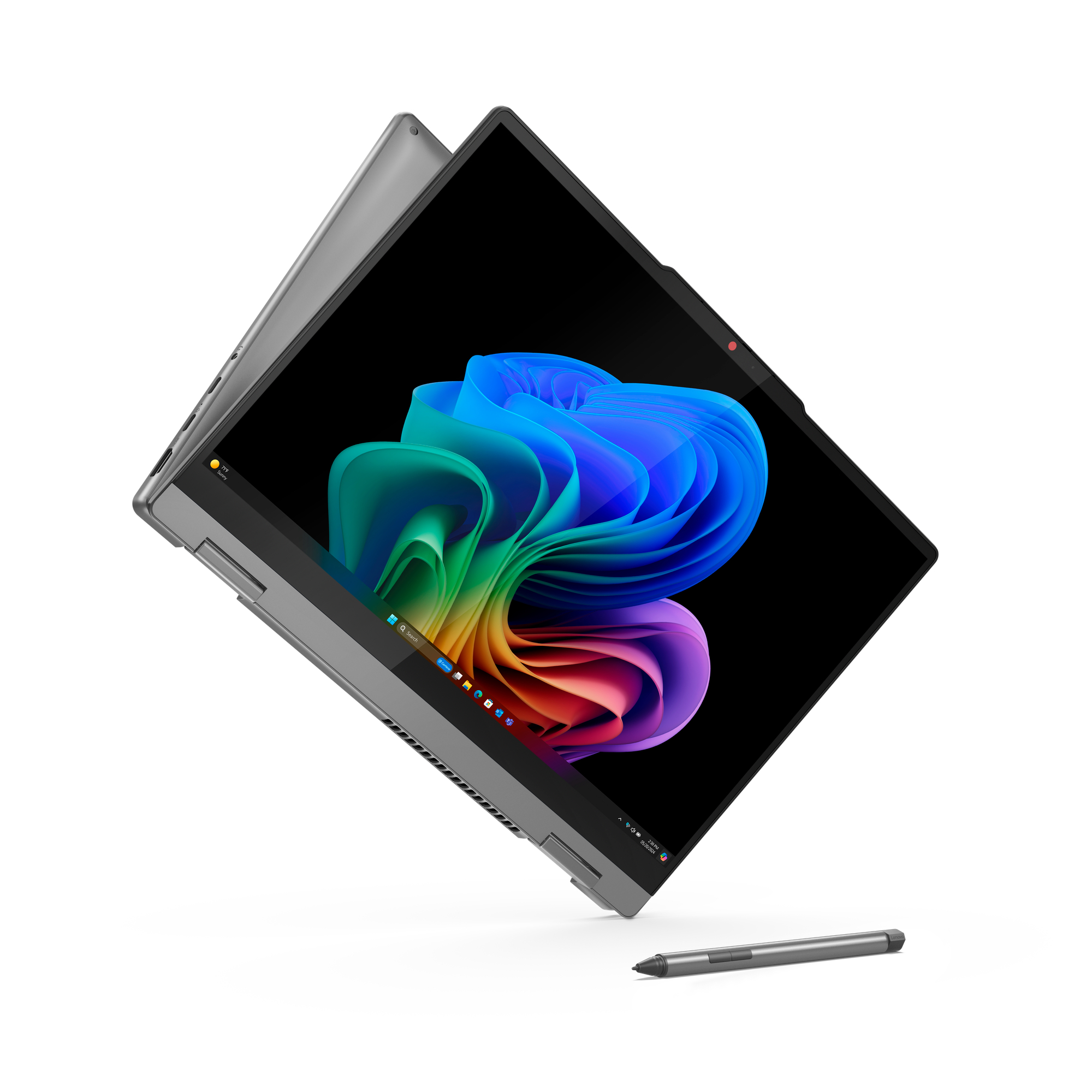 Laptop mit farbenfrohem Bildschirm, abgewinkelt, mit Stift.