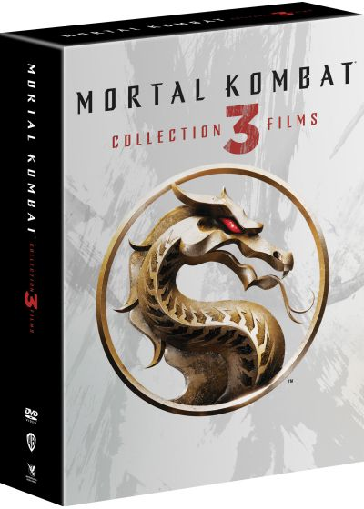 Mortal Kombat 3 Films dvd-boxset met drakenlogo op een witte en grijze achtergrond.