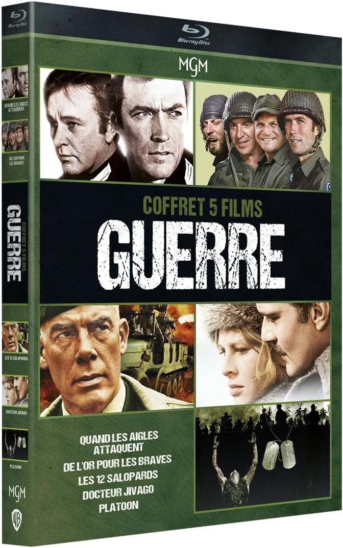 Coffret de 5 films de guerre, plusieurs acteurs et titres de films visibles, fond vert.