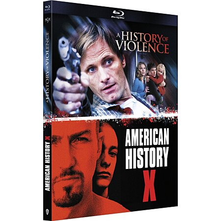 Boîtier DVD, une affiche de film avec un homme tenant une arme. Le titre est "A History of Violence" & "American History X".