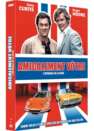 Pochette DVD de la série 'Amicalement vôtre'. Avec Tony Curtis et Roger Moore, deux voitures.
