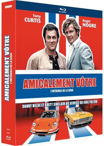 DVD cover for 'The Persuaders!' with Tony Curtis and Roger Moore. Two orange and yellow cars are shown.